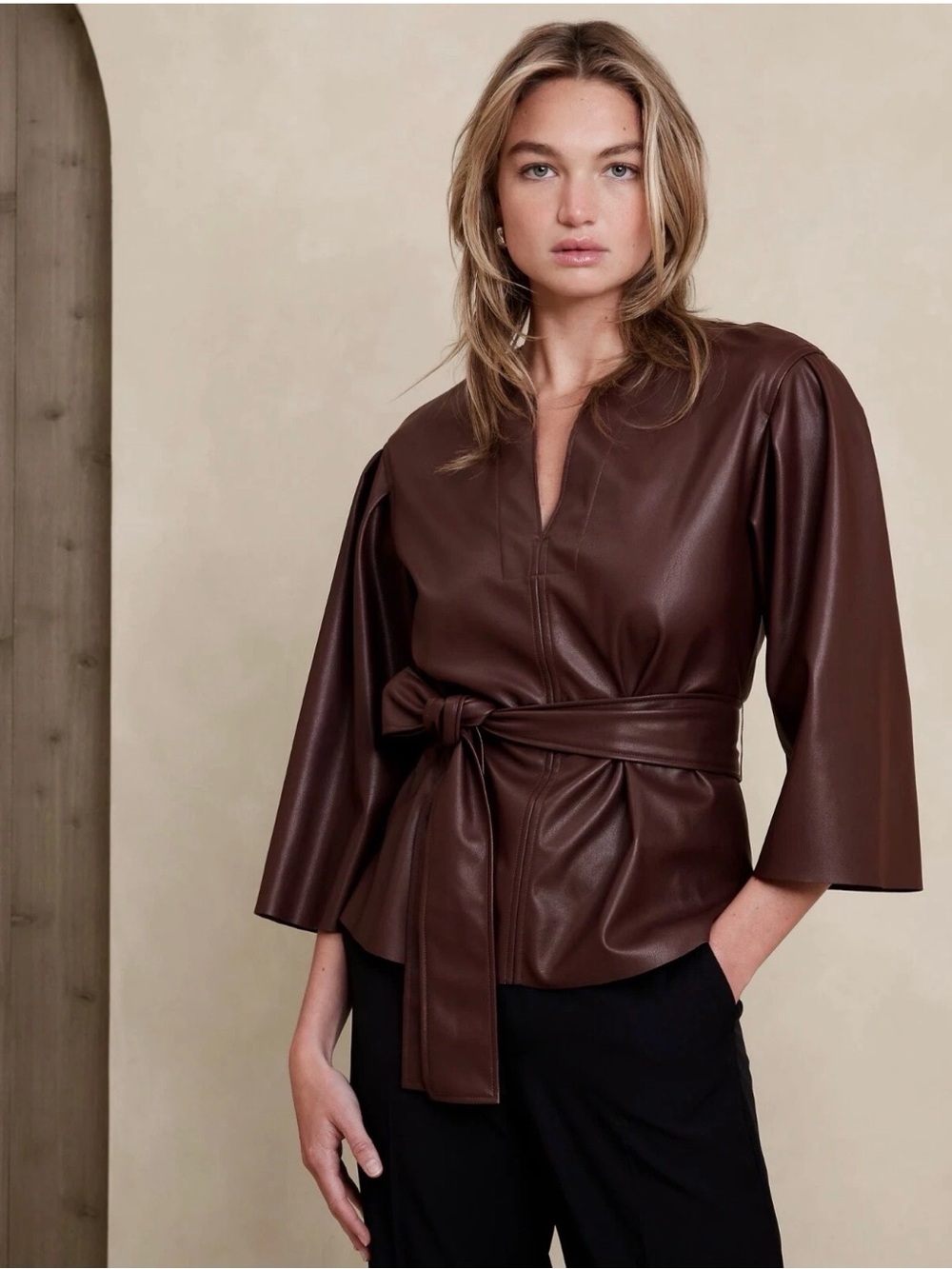 BANANA REPUBLIC Brown Faux Leather Tie-Waist Tunic SIZE: SMALL